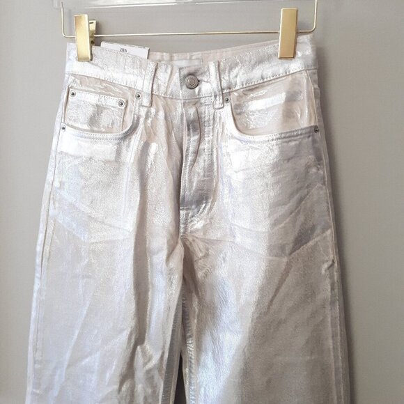 NWT Zara silver foil relaxed fit straight leg mid waist jeans, 4 - Picture 11 of 13